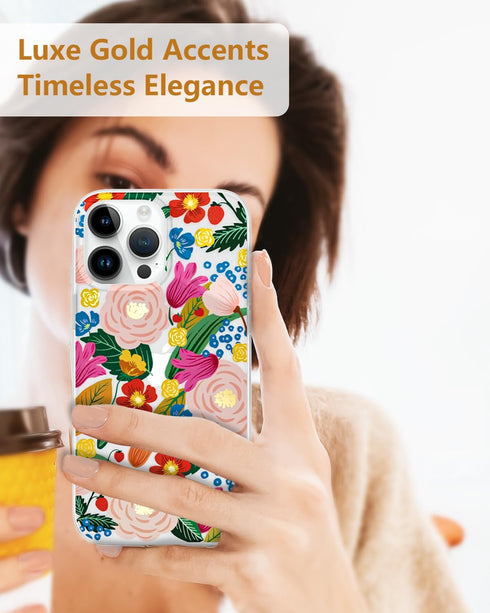iPhone 15 Pro Max Case with Camellia Blossom Floral Design, Cute Clear Flower Cover for Women, Slim Shockproof Bumper