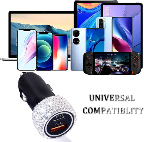 USB C Car Charger Adapter 54W, Bling Diamond PD & QC 2-Port Type C Compact Car Charger