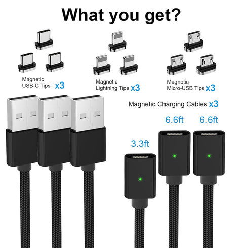 3 in 1 Magnetic Charging Cable (3 Pack: 3.3/6.6/6.6ft) - Fast 3A Charger for Lightning/USB-C/Micro-USB Devices - Black