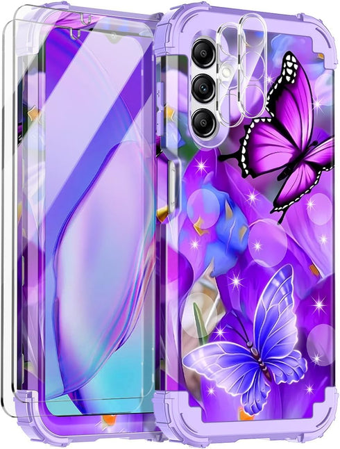 Rancase Butterfly Galaxy A15 5G Case: Three-Layer Heavy Duty Shockproof with 2 Tempered Glass Protectors, 6.5 inch.