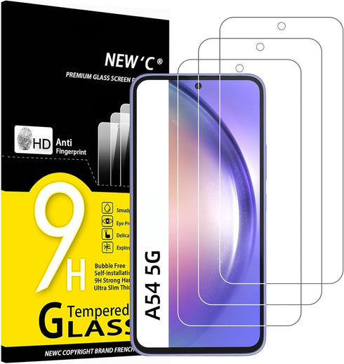 NEW'C Tempered Glass Pack for Samsung Galaxy A54 5G - 3x Scratch-Free, 9H Hardness, 0.33mm Ultra Clear Screen