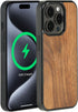molzar Grip Series Magnetic Case for iPhone 15 Pro | Black/Walnut Wood | Built-in Magnet Ring | MagSafe Compatible