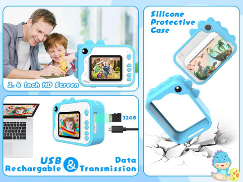 Kids Instant Print Camera, 1080p Ink Free Printing Dinosaur Camera for Ages 3-12, Christmas Birthday Gifts, Blue