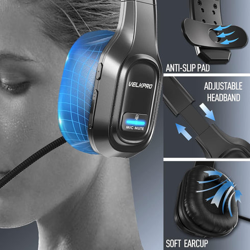 Wireless Headset with Microphone, Single-Ear Headphone, Adjustable Headband, Noise Isolation Mic for Home Office
