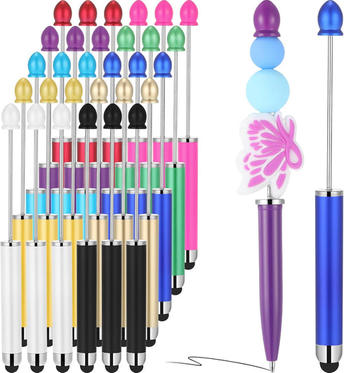 Qilery 30 Pcs Beaded Pens with Stylus Tips, Plastic Beaded DIY 2-in-1 Stylus for Rubber Touch Screen Handwriting,