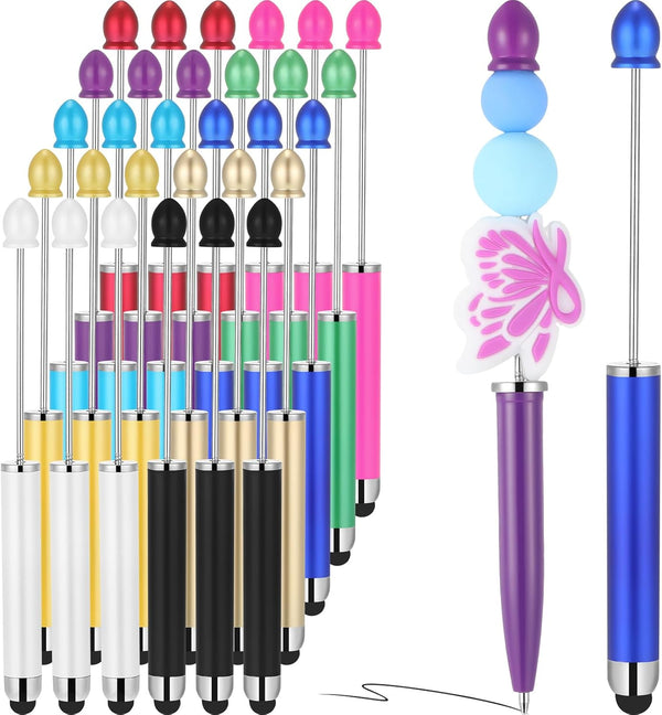 Qilery 30 Pcs Beaded Pens with Stylus Tips, Plastic Beaded DIY 2-in-1 Stylus for Rubber Touch Screen Handwriting,