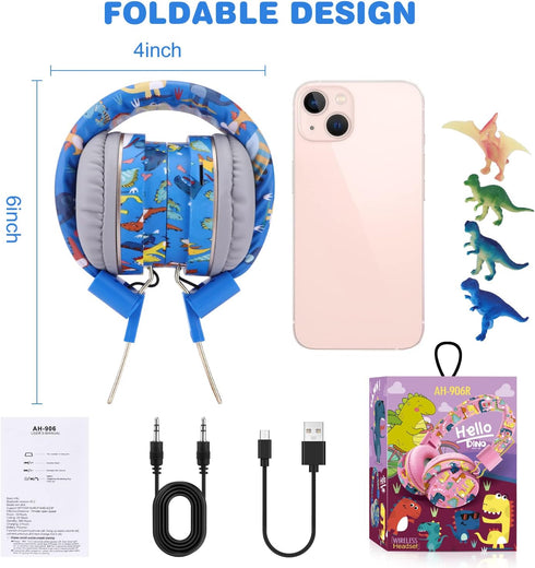 QearFun Dinosaur Headphones for Boys Kids, Bluetooth Headphones with Microphone & 3.5mm Jack, Adjustable Headband for