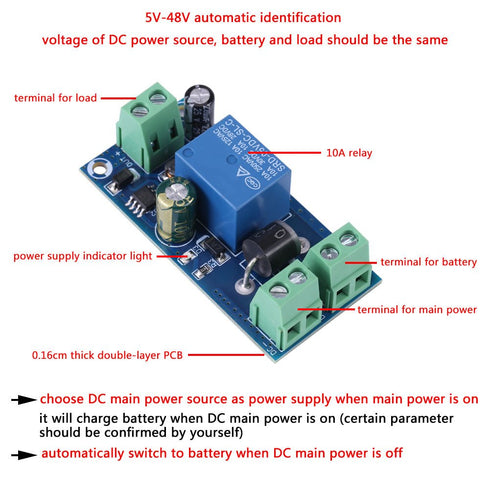 Power Supply Controller, 10A DC Power Supply/Battery Automatic Switch Module, 5V~48V Emergency Controller