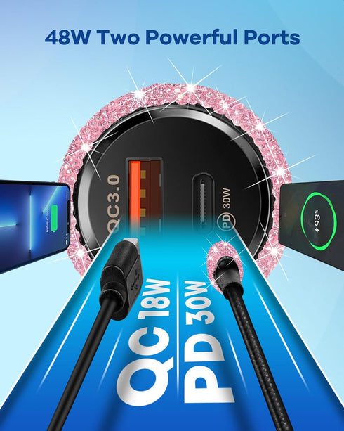 Bling USB C Car Charger, 48W PD + QC Dual Port Fast Charging Adapter with 3.2FT USB Type-C Cable (Pink)