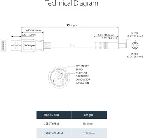2m USB to Type M Barrel Cable, USB to 5.5mm 5V DC Cable