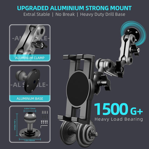Aluminum Heavy Duty Drill Base Tablet Holder Car Mount, 14.2 Long 360 3-Stage Metal Stand for 4.7-12.9" iPad