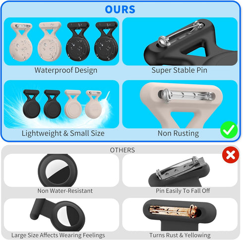 Hidden Airtag Holder for Kids - 4 Pack Waterproof Soft Silicone Case, Safety Pin GPS Tracker for Clothes, Backpack