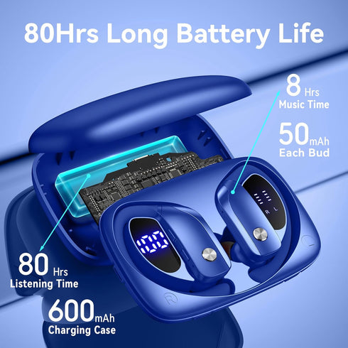 80H bmani Ear Buds Wireless Earbuds Bluetooth Headphones with Playtime LED Display Case, Over-Ear Hook with Mic, Stereo