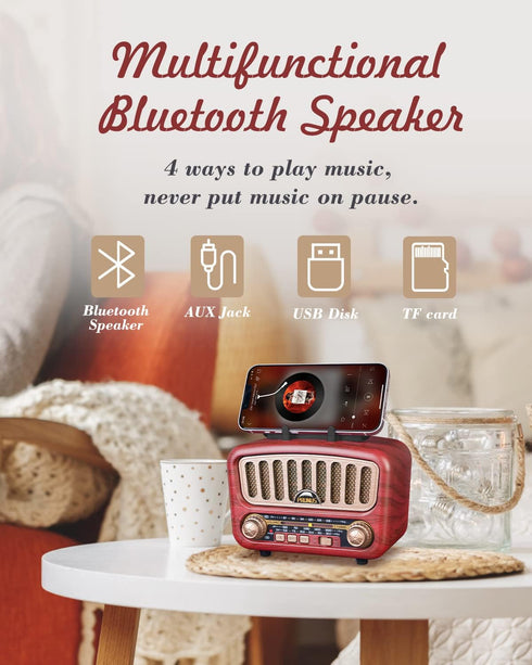 PRUNUS J-180 Vintage Retro Radio Bluetooth Speaker, Portable AM FM Radio with Loud Volume, BT5.0, TF Card & MP3 Player
