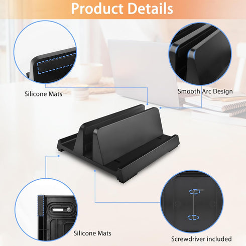Vertical Laptop Stand Holder, ABS Organizer with Adjustable Dock for PC up to 17.3 inches, MacBook, Phone, Black