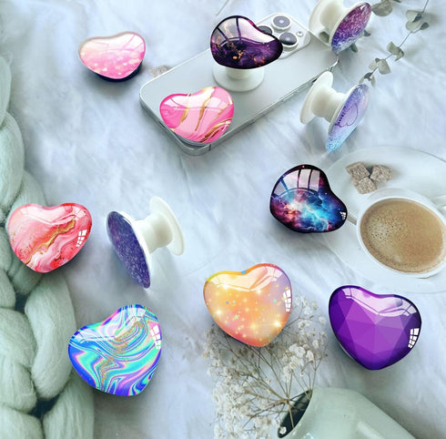 Luhoit LSF6D Expandiing Cell Phone Grip Heart Shape Glass Finger Holder for Smartphones, Cellphone Collapsible Stand