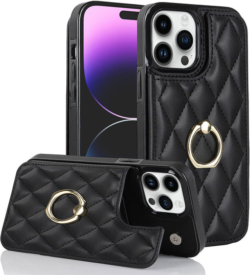 iPhone 13 Pro Max Wallet Case with Card Holder, 360° Rotation Ring Kickstand, Leather Protective Case, Black
