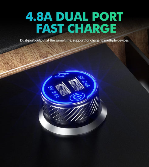 ?2Pack? USB Car Charger, Dual USB Port Car Charger Adapter, 5V/4.8A Charge Car Phone Charger with Blue LED & Touch Switch Fit for iPhone 13/12 Pro/Max/8, Galaxy S21/20/10/9 (Black)