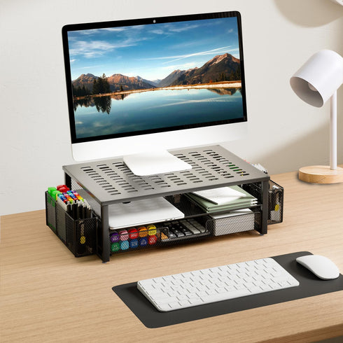 gianotter Desk Computer Monitor Stand Riser with Drawer and 2 Pen Holders, Black Desk Organizer for Office