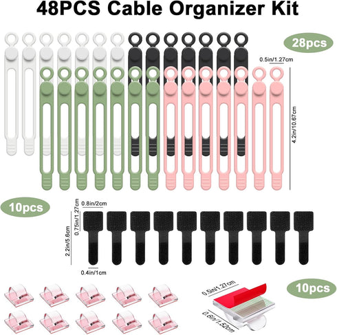 48Pcs Reusable Silicone Cable Ties, Elastic Cord Organizer, Travel Wire Management for Office, Home Desk