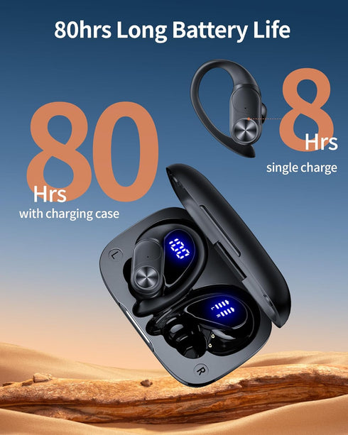 PocBuds Bluetooth Headphones Wireless Earbuds, 80hrs Playtime, Digital Display Sports Ear Buds with Earhook