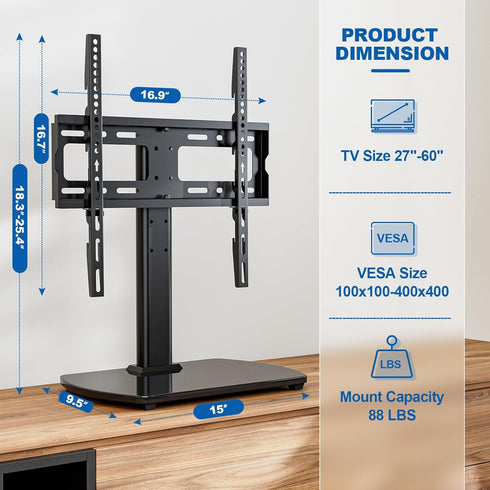 HOLMAXD 27-60 Inch 88 lbs, 400x400mm Universal TV Stand for TVs with Swivel Mount, Height Adjustable Table Top TV Stand