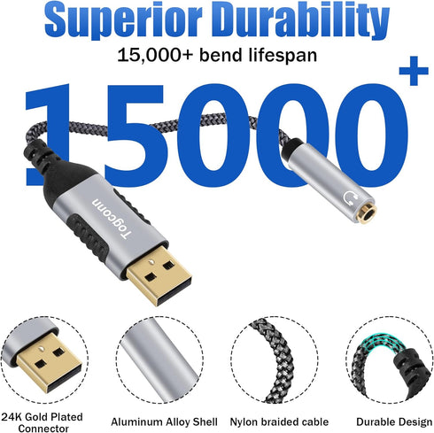USB 3.0 Male to 3.5mm TRRS 4-Pole Female Headphone Jack Adapter, USB-A to Aux Audio Dongle Cable Cord, External Sound Card Converter for Headset, Mac, PC, Laptop, Mac, Desktops, Linux, PS4-0.6 Feet