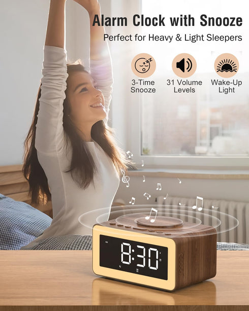 Alarm Clock with Wireless Charging, Bluetooth Speaker, White/Brown Noise Sound Machine Night Light, Wooden Digital