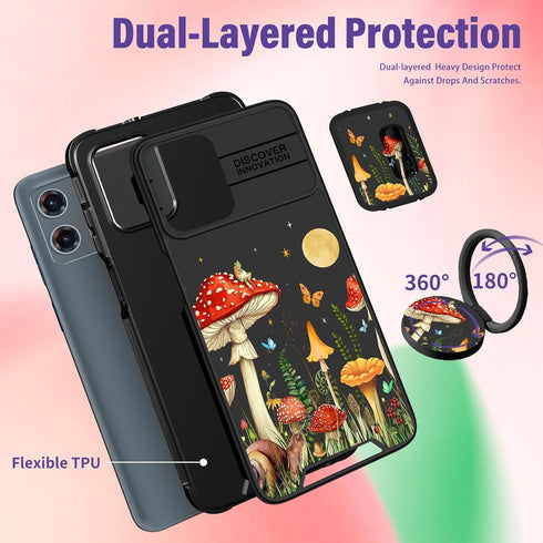 2in1 Cute Girls Phone Cover for Motorola Moto G 5G 2023, Unique Mushroom Design with Camera Cover and Ring Stand