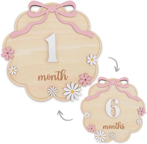 TTMerriwood Wooden Baby Monthly Milestone Sign Set with Pink Bow, 112 Month Cloud