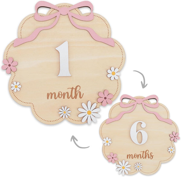 TTMerriwood Wooden Baby Monthly Milestone Sign Set with Pink Bow, 112 Month Cloud