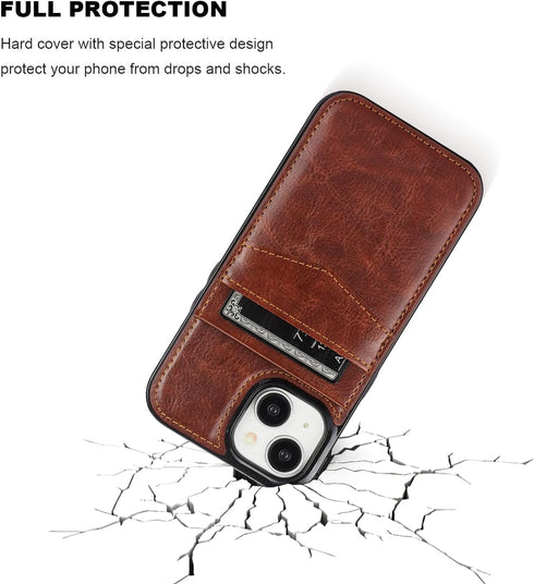 KIHUWEY iPhone 15 Case Wallet with Credit Card Holder, Premium Leather Magnetic Clasp Kickstand (Brown)