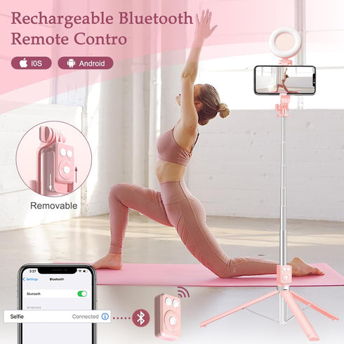 Mouzakon Selfie Stick Tripod with Fill Light, Phone Selfie Stick,Durable Stainless Steel Design,Bluetooth Remote