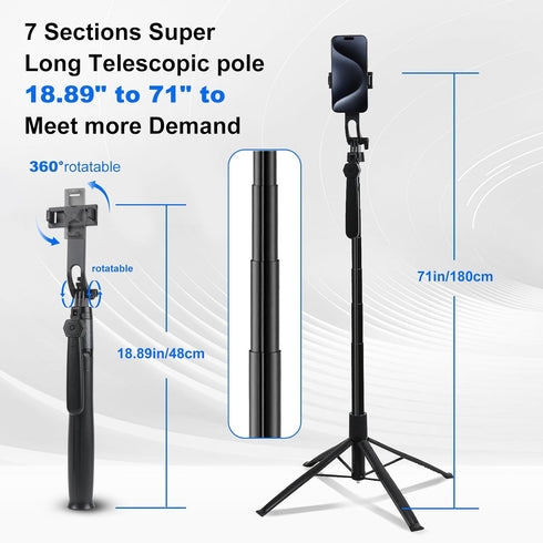 ikaufen 71" Spike,5-Speed Upgrade iPhone Tripod with Ground Adjustable Fill Light,Extendable Tripod for Phone Selfie