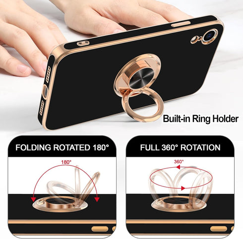 Hython iPhone XR Case - Black Soft TPU Bumper, 360° Rotatable Ring Stand, Shockproof, Rose Gold Edge, 6.1-Inch.