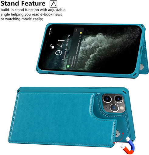iCoverCase iPhone 11 Pro Max Wallet Phone Case, Card Holder, RFID Blocking, Embossed PU Leather, Macaron Blue