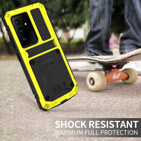Galaxy S22 Ultra Rugged Case, Metal Bumper with Built-in Screen Protector & Stand, Waterproof Heavy Duty Cover (Yellow)