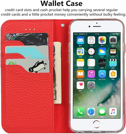 iCoverCase Genuine Leather Wallet Case Compatible with iPhone 6s Plus/6 Plus - Wrist Strap, Card Holder, Kickstand
