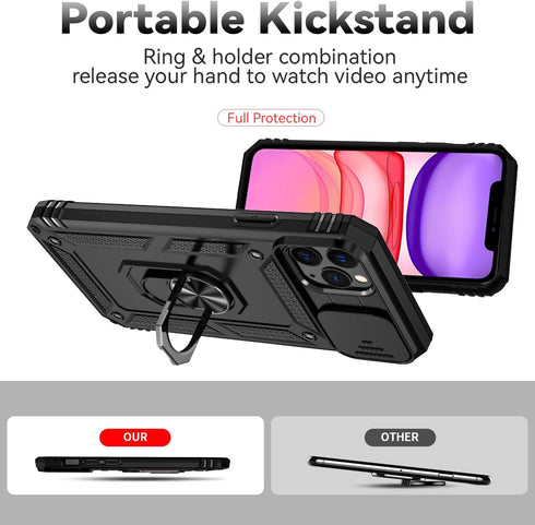 SunStory Military-Grade Case for iPhone 11 Pro Max with HD Screen Protector, Slide Camera Cover & Kickstand, Black