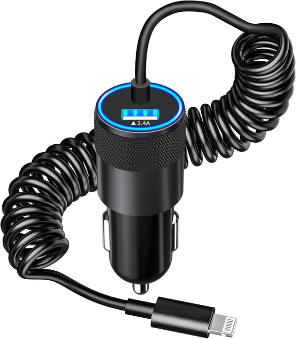 ?MFi Certified?Caiinei iPhone Fast Car Charger, 4.8A Dual USB Power Car Charger with 6FT Coiled Lightning Cable for
