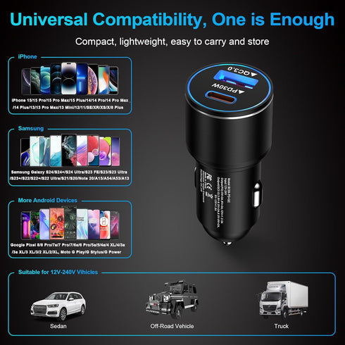 48W USB C Car Charger, All Metal, Fast Charge Adapter for iPhone 15 14 13 12 11 Pro Max SE XR X, Samsung S24 S23 S22