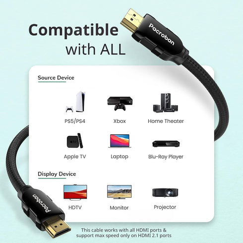 6ft 2.1 48Gbps 4K 120Hz 8K 60Hz, Pacroban eARC/ARC HDMI Cable TV to Soundbar (HDMI Port Required on Both Devices) Ultra