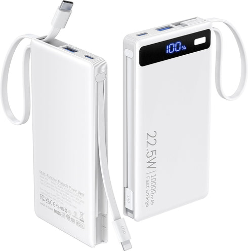 TEMINICE Power Bank with 2 Built-in Cables 10000mAh, 22.5W PD Slim Portable Charger