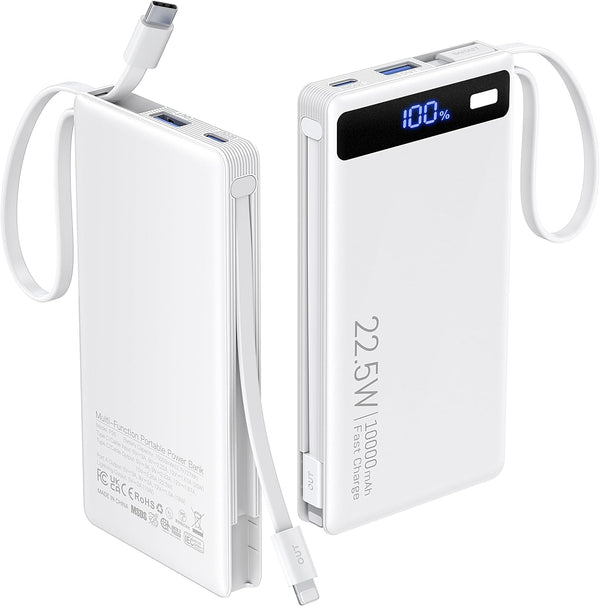 TEMINICE Power Bank with 2 Built-in Cables 10000mAh, 22.5W PD Slim Portable Charger