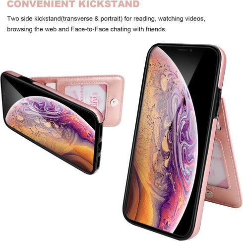 KIHUWEY Wallet Case for iPhone X/Xs - Premium Leather with Credit Card Holder, Heavy Duty Protective Cover (Rose Gold)