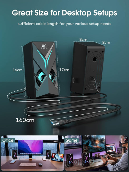OROW 10W Computer Speakers, RGB Desktop Speakers with Volume Control, Colorful LED for Monitor/Laptop, 3.5mm Aux