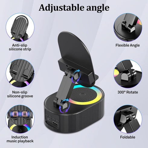 AKLLCCR 5in1 (3000mAh) 300 Wireless Induction Audio Bluetooth Speaker Phone Holder Emergency Rechargeable with Colorful