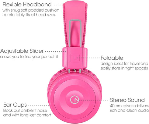 noot products Kids Headphones K22 Foldable Stereo Tangle-Free 5ft Long Cord 3.5mm Jack Plugin Wired On-Ear Headset for iPad/Amazon Kindle Fire/Girls/School/Laptop/Travel/Plane/Tablet FlamingoPink