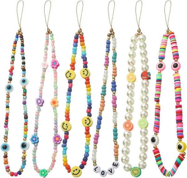 Taouzi 6PCS Beaded Phone Charms Strap Fruit Star Faux Pearl Rainbow Beads