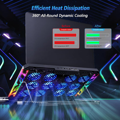 Laptop Cooling Pad with 12 Quiet Fans, Slim Portable for 12-17.3 Inch Laptop, Ergonomic Gaming Cooling Fan Pad